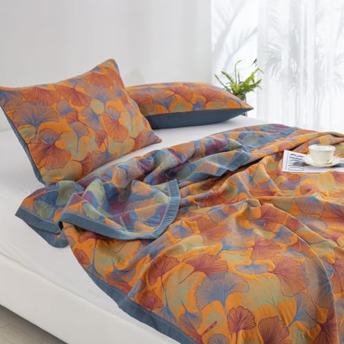 100% Cotton Muslin Blanket - Reversible Ginkgo Leaves Quilt, Queen