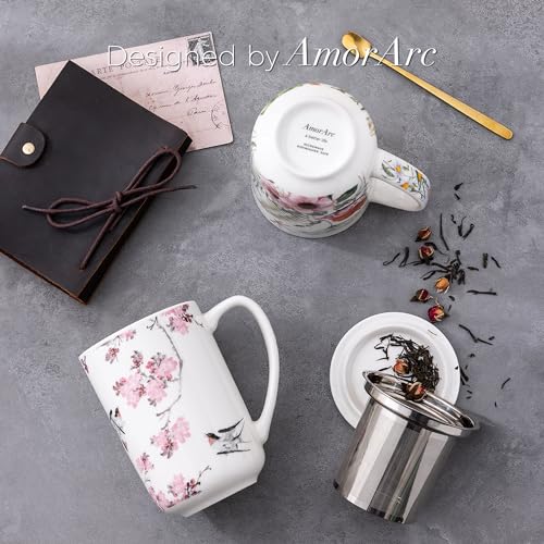 AmorArc Peach Blossom Tea Cup with Infuser & Lid, 18oz Loose Leaf Mug