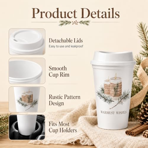 Havawish 12-Pack Rustic Neutral Christmas Coffee Cups with Lids, 16 oz Plastic Tumbler Bulk