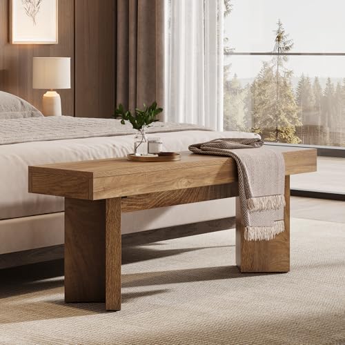 47-Inch Wooden Entryway Bench, Farmhouse Rustic Brown Bedroom Bench