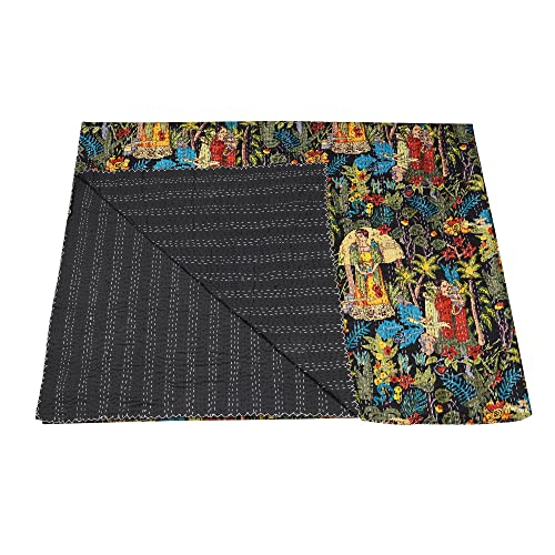 Traditional Kantha Quilt - Handcrafted Pure Cotton Bedspread (Black, Queen 90"x108")