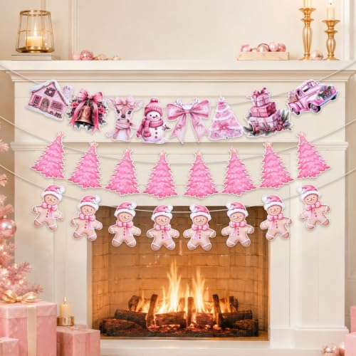 Pink Christmas Banner Set - 16.4 ft Long Gingerbread & Tree Decor