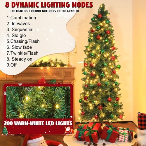 Justforjoyful 31-Pcs 6 Ft Slim Christmas Tree with 200 LED Warm White Lights, Red & Green Ornaments, Metal Stand