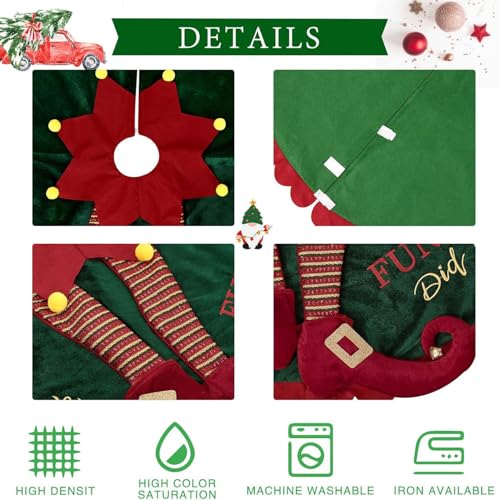 Elf Christmas Tree Skirt 48in Green Velvet with Elf Legs Ripple Trim - ipalmay