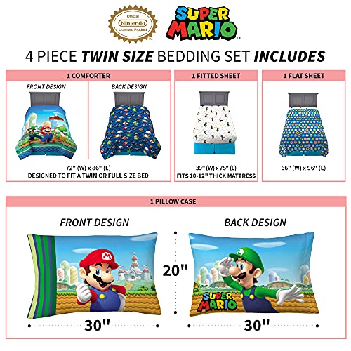 Super Mario Kids Twin Bedding Set 4 Piece Reversible Comforter & Sheets by Franco - Official Licensed