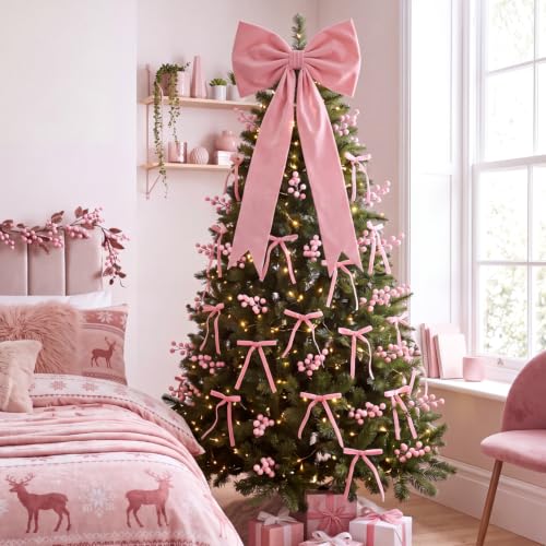 Pink Christmas Tree Decorations Set - Velvet Bows & Berry Picks for Holiday Decor