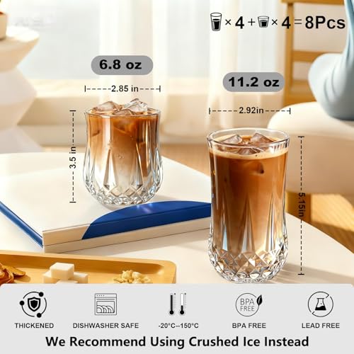 8-Piece Glassware Set, Clear Ribbed Drinking Glasses for Water and Cocktails