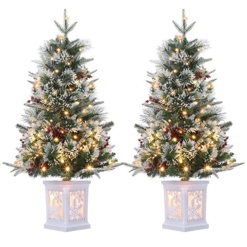 Garvee 3ft Pre-Lit Artificial Christmas Tree with Snow Flocked Branches, 78 Warm White Lights & Snowflake Base - Fiber Snowflake 2 PCS