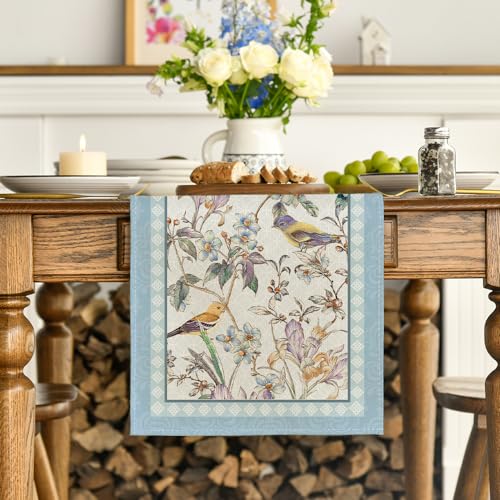 Artoid Mode Blue Birds Flowers Blossom Table Runner 13x72 inch Spring Kitchen Decor