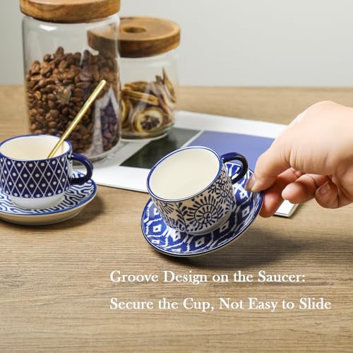Vintage Blue Selamica 2.5 Oz Ceramic Espresso Cups with Saucers & Metal Stand - Set of 4