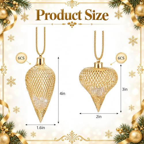 12 Pcs Golden Mesh Ball Christmas Ornaments – A Style, Hollow Hanging Decor 4x1.6in & 3x2in