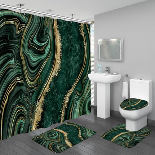 Emerald Green Marble 4-Piece Bathroom Decor Set with Shower Curtain & Rugs