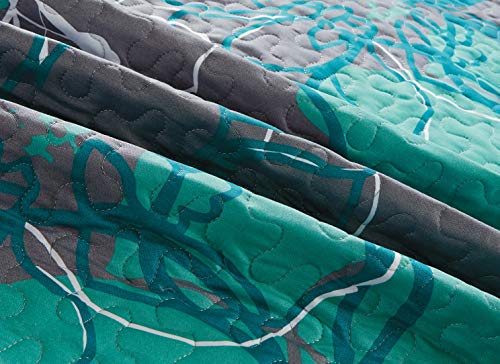 Oversized Floral Bedspread Quilt Set - Full/Queen Grey & Turquoise 3-Piece