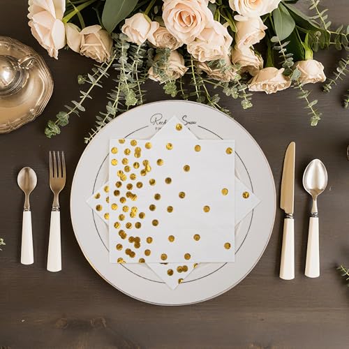 Mealivos Gold Dot 80 Pack White Paper Cocktail Napkins 5x5in 3-Ply Party Supplies