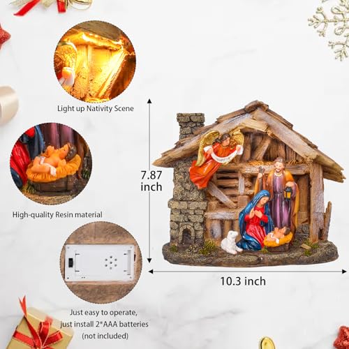 Resin Nativity Set with LED Lights & Music - Tabletop Manger Figurine