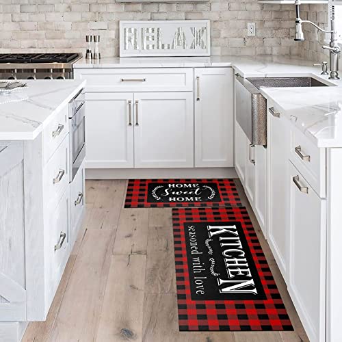 Red Buffalo Plaid Kitchen Mat Set of 2, Non-Slip Cushioned Floor Rugs