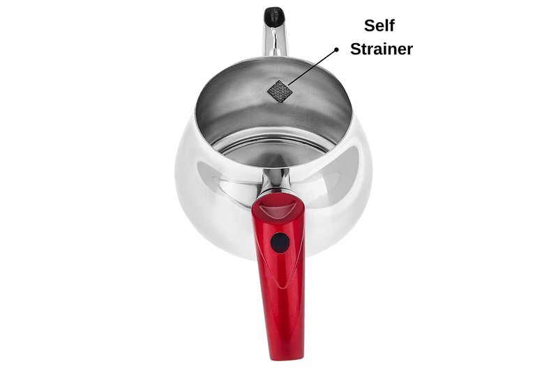 DESTALYA Turkish Teapot Set | Stainless Steel Double Tea Pots for Stove Top | Tea Maker with Strainer | Samovar Tea Kettle, Water Heater (Midi with Red Handles)