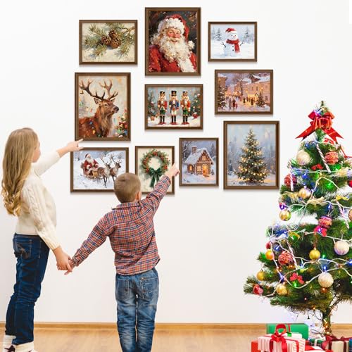 Whaline 10Pcs Vintage Christmas Wall Art Prints – Santa, Snowman & Reindeer Unframed