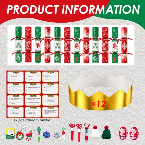 12 Pack Christmas Snowflake Crackers No Snap with Surprise Prizes - Holiday Party Favors