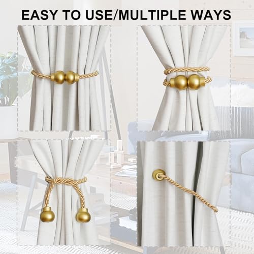 Gold Magnetic Curtain Tiebacks - 2 Pack Modern Woven Rope Holdbacks