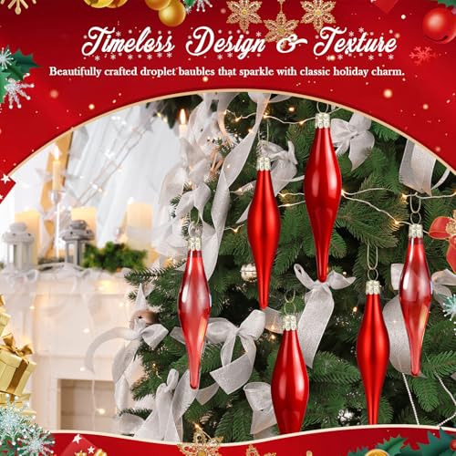 Seenelling 12 Pcs Red Glass Teardrop Christmas Ornaments - 3 Styles