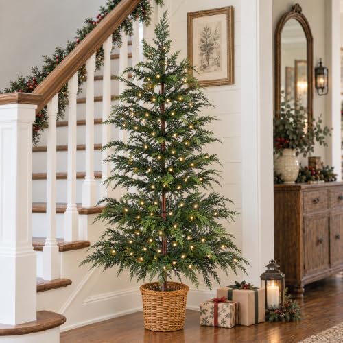 ENJOLLY 2 Pack 4FT Pre-Lit Artificial Cypress Christmas Tree with Woven Basket, Indoor/Outdoor Holiday Decor