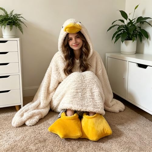 Funny Duck Onesie Pajamas for Kids and Adults with Hood and Slippers