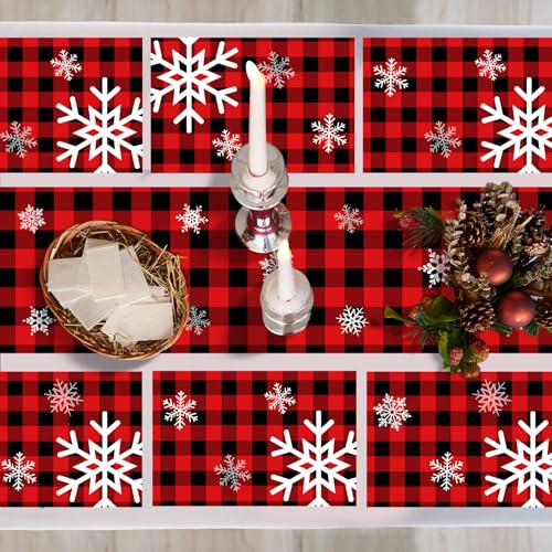 Irenare Snowflake Style Christmas Table Runner and Placemats Set Buffalo Plaid, 7 Pieces