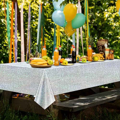 Just Shimmer Silver Holographic Disco Tablecloth 40x108 inch for Parties & Events