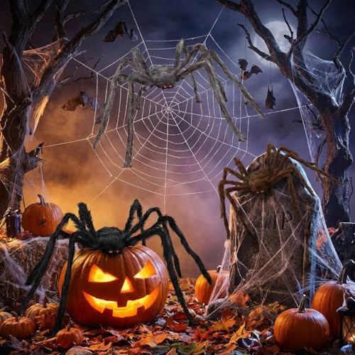BEABOO 3 Pack 5Ft Black, Brown & Grey Giant Halloween Spiders Realistic Scary Decor