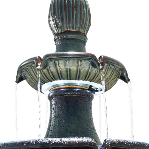 Turquoise 3-Tier Ceramic Outdoor Fountain with LED Lights - Garden Waterfall
