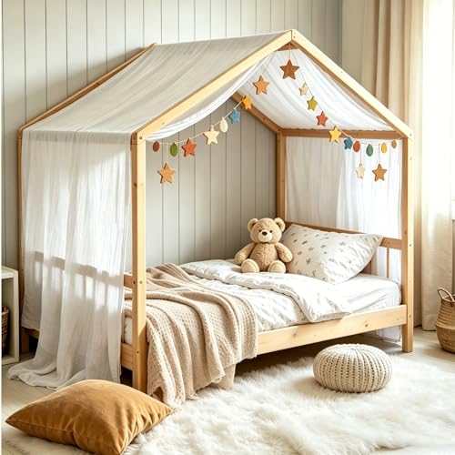 Pink Cotton Princess Bed Canopy - Kids House-Style Bedroom Curtain Drapes
