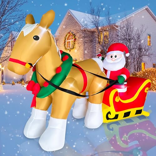 7FT Christmas Inflatable Santa on Sleigh with Horse - LED Yard Decor, Indoor Outdoor Holiday Decoration, JOYEASE A-7FT Horse Pulls Santa's Sleigh