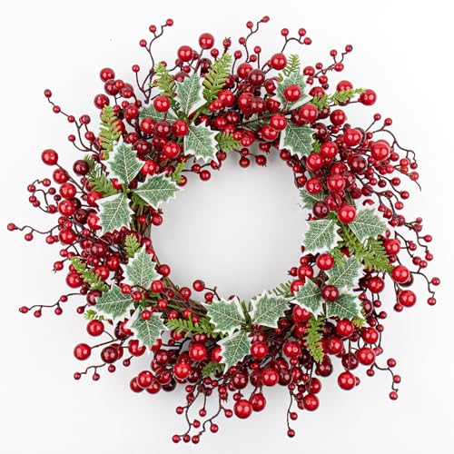 JINGHONG 20-Inch Artificial Christmas Wreath with Red Berries & Holly for Indoor Outdoor Holiday Decor