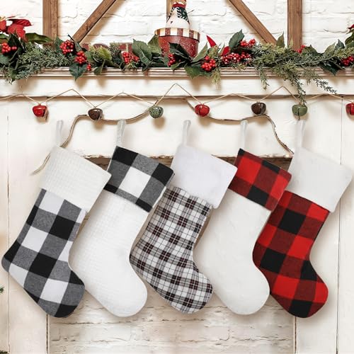 Amorita Red & Black Buffalo Plaid Christmas Stockings Set of 5 - 20 Inch Holiday Decor