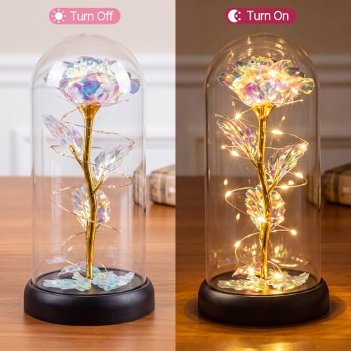 Otlonpe Colorful Preserved Glass Rose Flower Gift for Women, 7.1 Inch