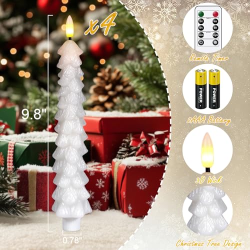 White Christmas Tree Flameless Taper Candles Battery Operated Remote Timer - KunSwenn 4-White