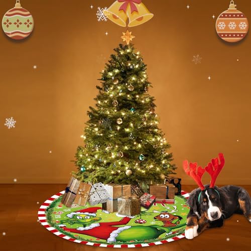 48 Inch Plush Christmas Tree Skirt - Farmhouse Decor with Red & Green Trim
