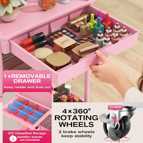 Goovilla 3-Tier Pink Makeup Organizer Cart with Removable Drawer and Lockable Wheels