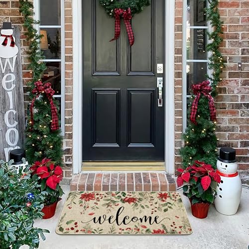 Ortiga Christmas Doormat Poinsettia Welcome Door Mat 17x29 Inches - Burlap Front 0.25" Low-Profile