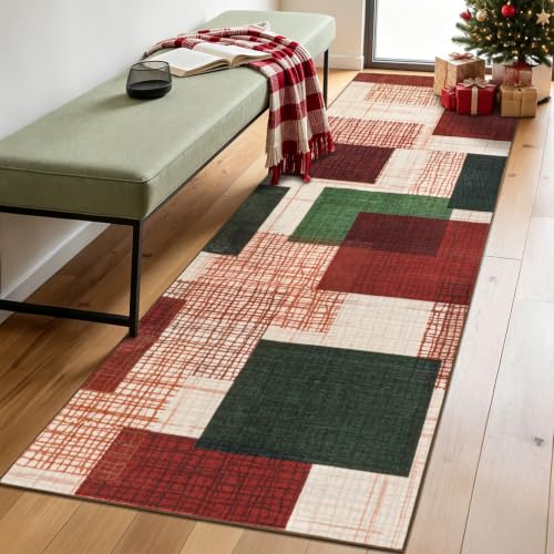 Ailyei Red-Green 2' x 6' Washable Christmas Runner Rug - Hallway & Kitchen