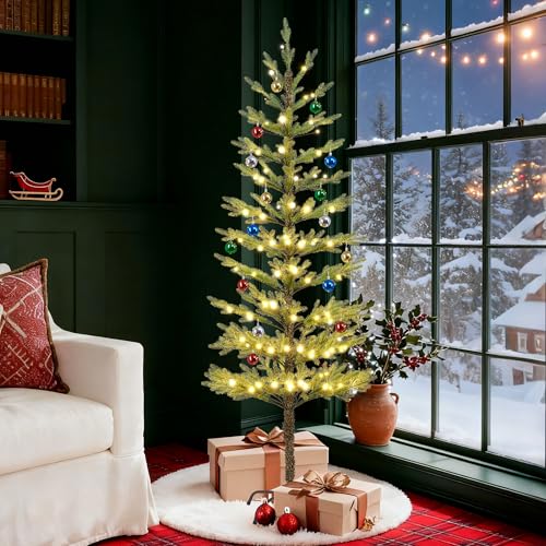 LIGHTSHARE 6FT Green Warm White Evergreen Pine Needle Christmas Tree with Ornaments, Remote & Dimmable, Holiday Decor