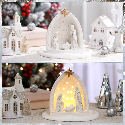 Lighted Ceramic Nativity Scene Set - Holy Family Tabletop Christmas Decor