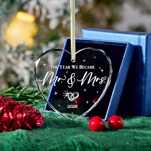 Mr and Mrs Heart Glass Ornament - Newlywed Wedding Gift for Couples