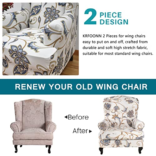 Stretch Wingback Chair Cover Slipcovers - 2 Piece Non-Slip Furniture Protector