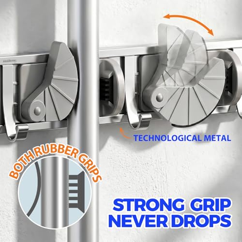 Metal Broom and Mop Holder Wall Mount Organizer with 4 Slots and 4 Hooks