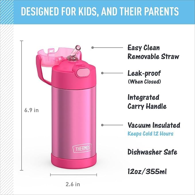 THERMOS FUNTAINER Water Bottle - 12 Ounce Kids Stainless Steel Vacuum Insulated with Straw | Pink