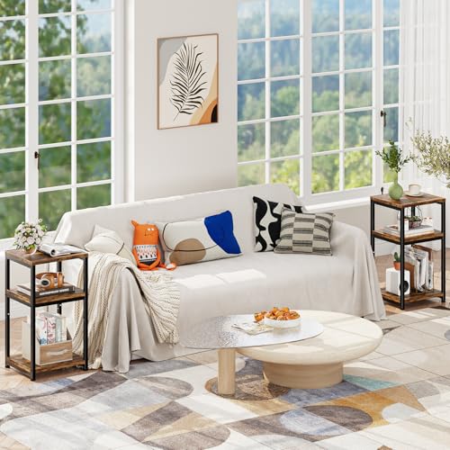 3-Tier Side Table with Storage Shelf, Rustic Brown Nightstand for Living Room