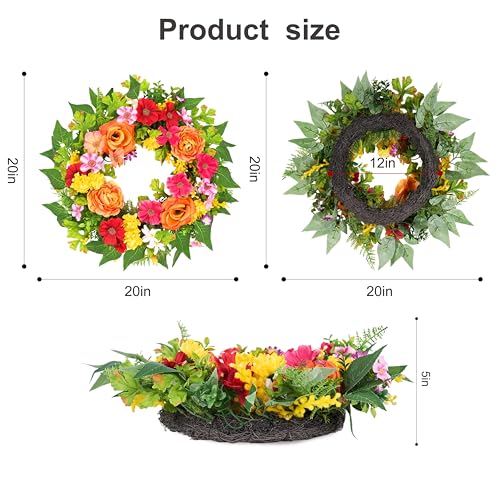 20-Inch Artificial Spring Floral Wreath with Orange Rose-Style Blooms