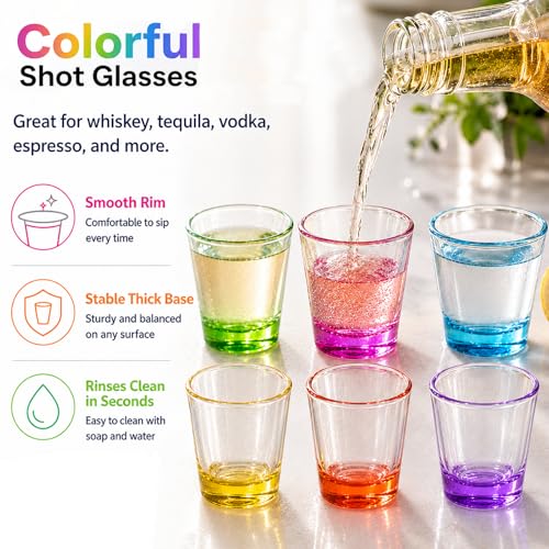 Colorful 6 Pack Shot Glass Set 1.5 oz Heavy Base for Vodka Whiskey Tequila